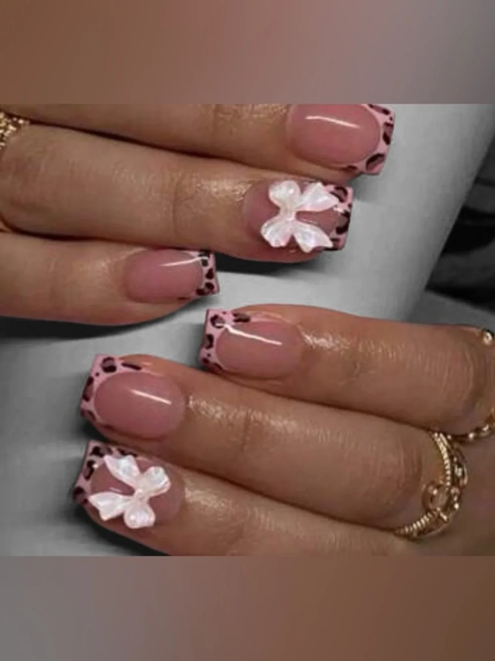 💕 $8 Bundled Pink Leopard Tip Press-On Nails with White 3D Bow Accents